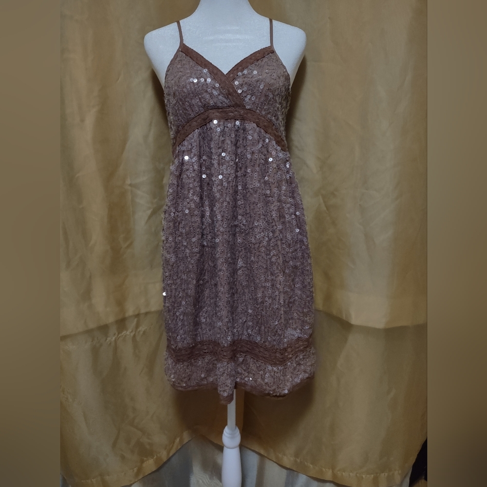 Women's NWOT milla brown cotton sequined dress with adjustable straps